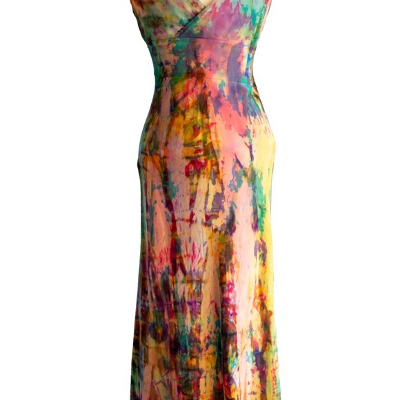 NEW silk maxi dress tie dyed orange yellow small 4 6 african batik rainbow beach - Picture 3 of 6